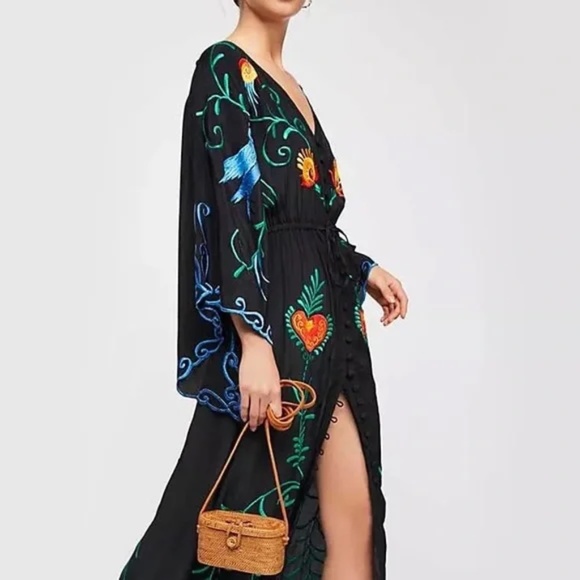 Boho Embroidered Hearts Floral Birds Long Maxi Kimono Dress - Picture 8 of 16